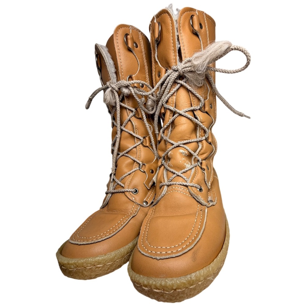 Cabelas Women Tan Leather‎ Lace Up Winter Snow Boots Fur Lined Size 7 VTG